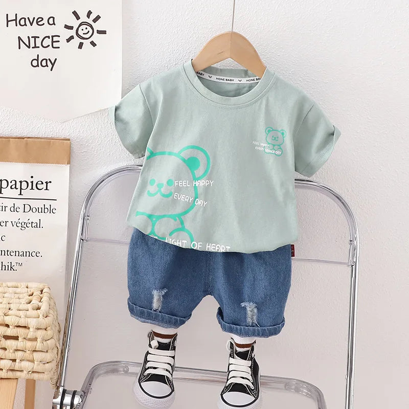 Kid's Cotton O-Neck Short Sleeves Pullover Closure Casual Clothes