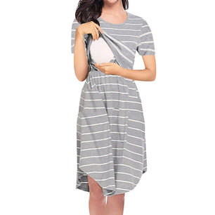 Women's Polyester O-Neck Short Sleeves Striped Maternity Dress