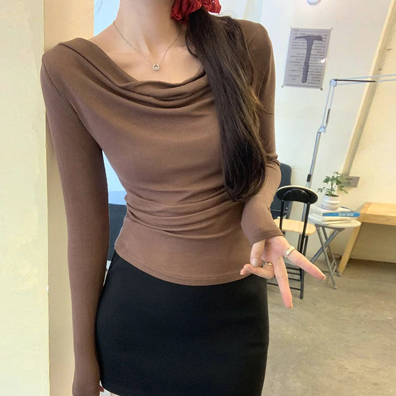 Women's Polyester O-Neck Long Sleeve Solid Pattern Casual Tops