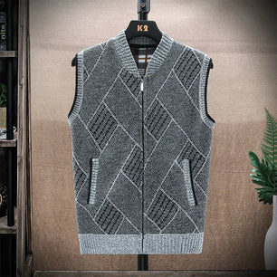 Men's Wool V-Neck Sleeveless Zipper Casual Wear Knitted Sweater