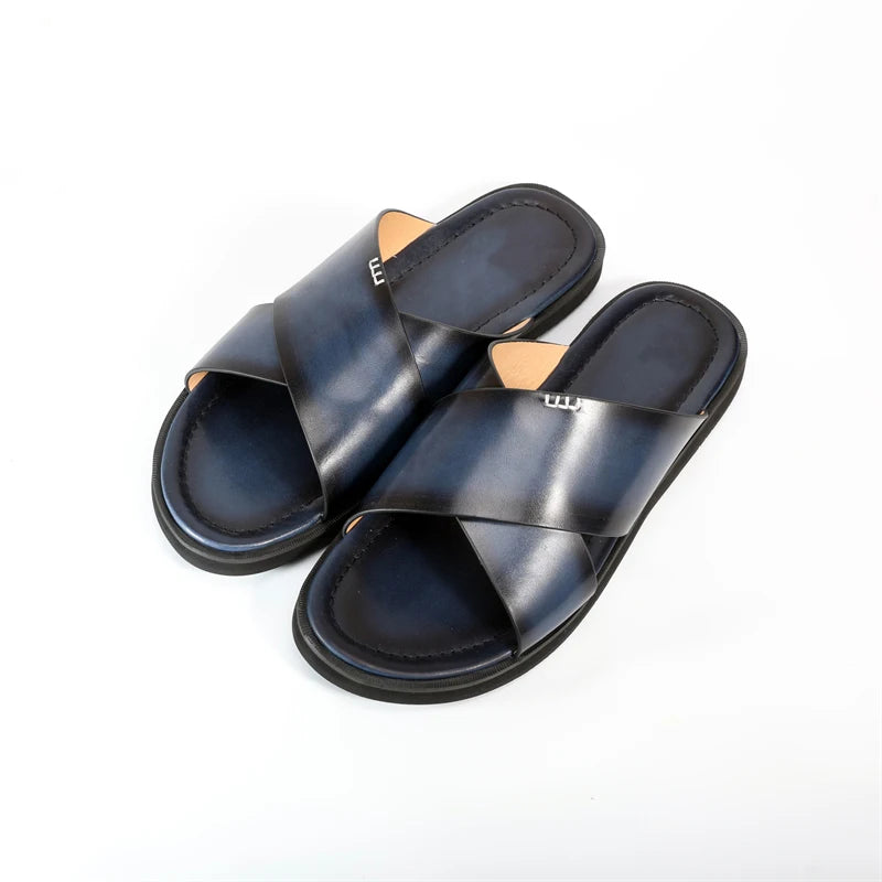 Men's Genuine Leather Round Toe Slip-On Closure Luxury Slippers