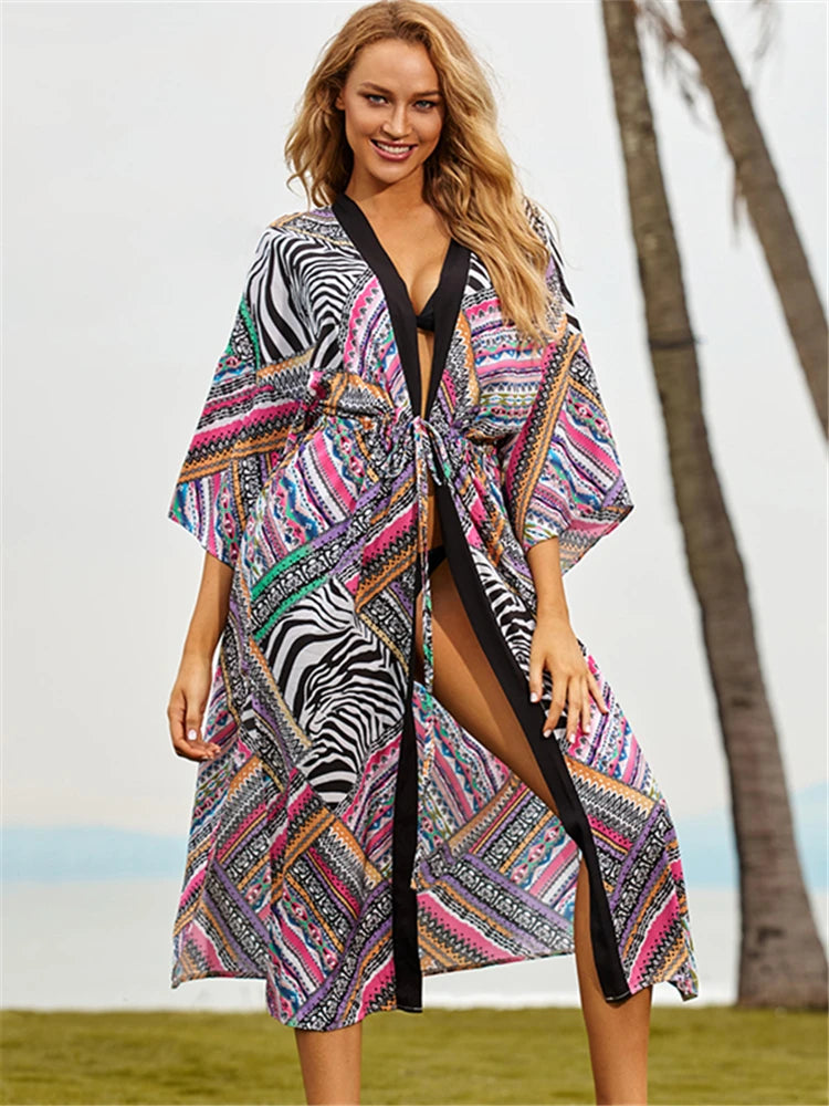 Women's Polyester Long Sleeves Printed Pattern Bathing Cover Up