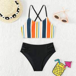 Kid's Polyester O-Neck Striped Pattern Trendy Swimwear Suit