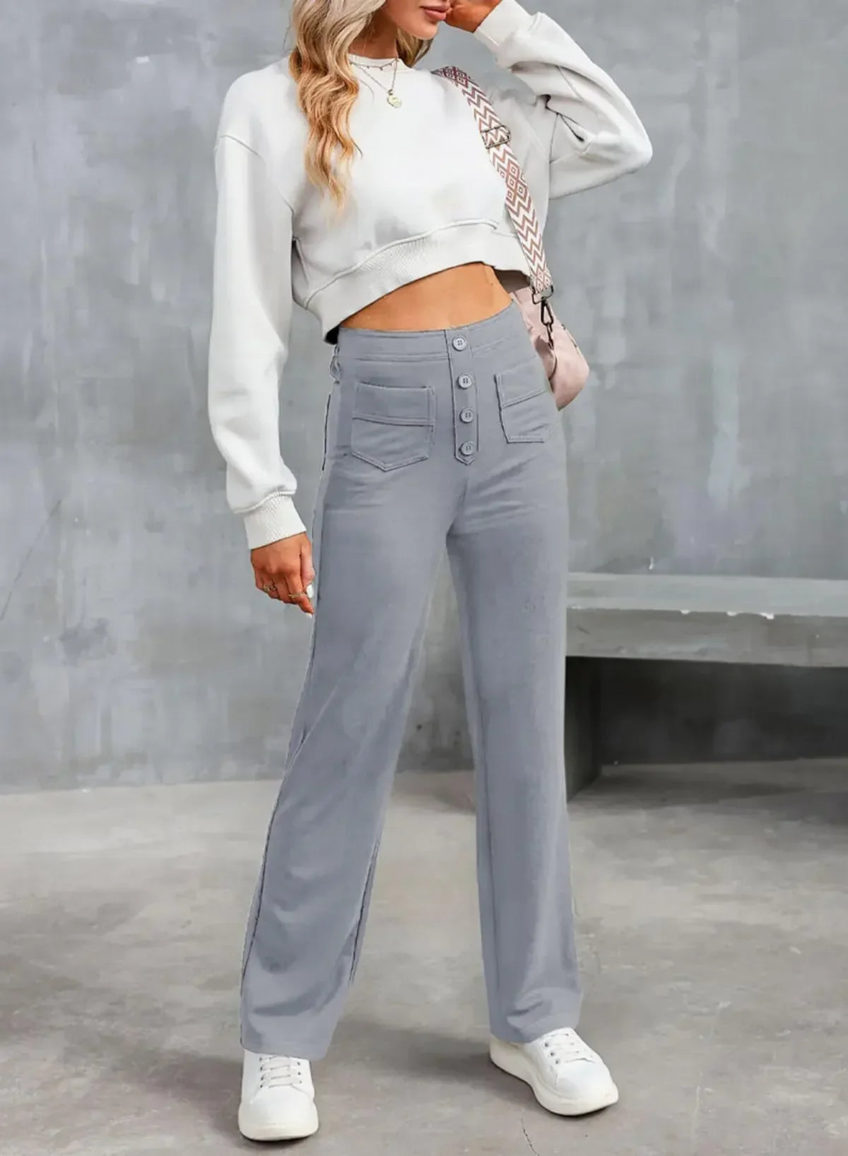 Women's Polyester High Waist Button Fly Closure Casual Trousers