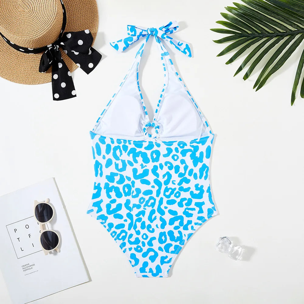 Kid's Polyester V-Neck Leopard Pattern Trendy Swimwear One-Piece