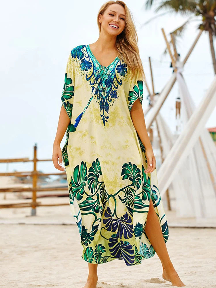 Women's Polyester Long Sleeves Printed Kaftan Beach Cover Up