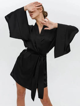 Women's Silk V-Neck Full Sleeve Nightgown Bathrobe Sleepwear Dress