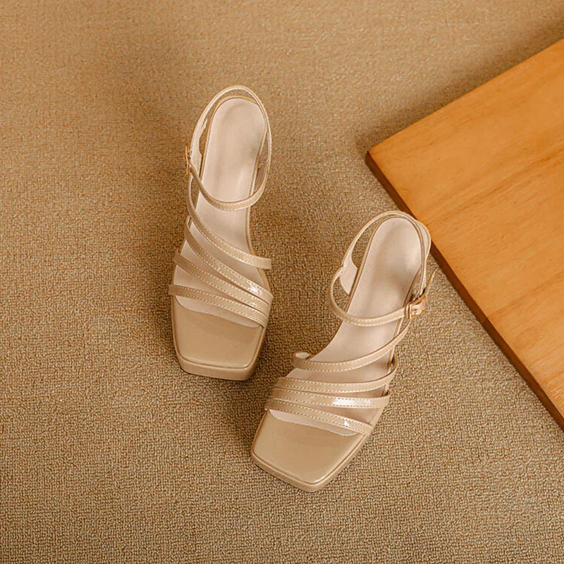 Women's Patent Leather Square Toe Buckle Strap Closure Sandals