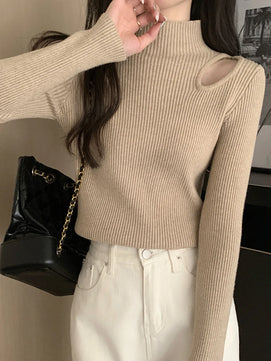 Women's Polyester Mock-Neck Long Sleeves Solid Pattern Sweater