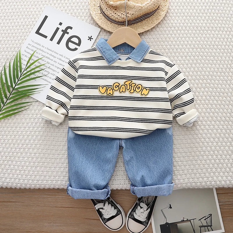 Kid's Boys Cotton Turn-Down Collar Short Sleeves Striped Clothes