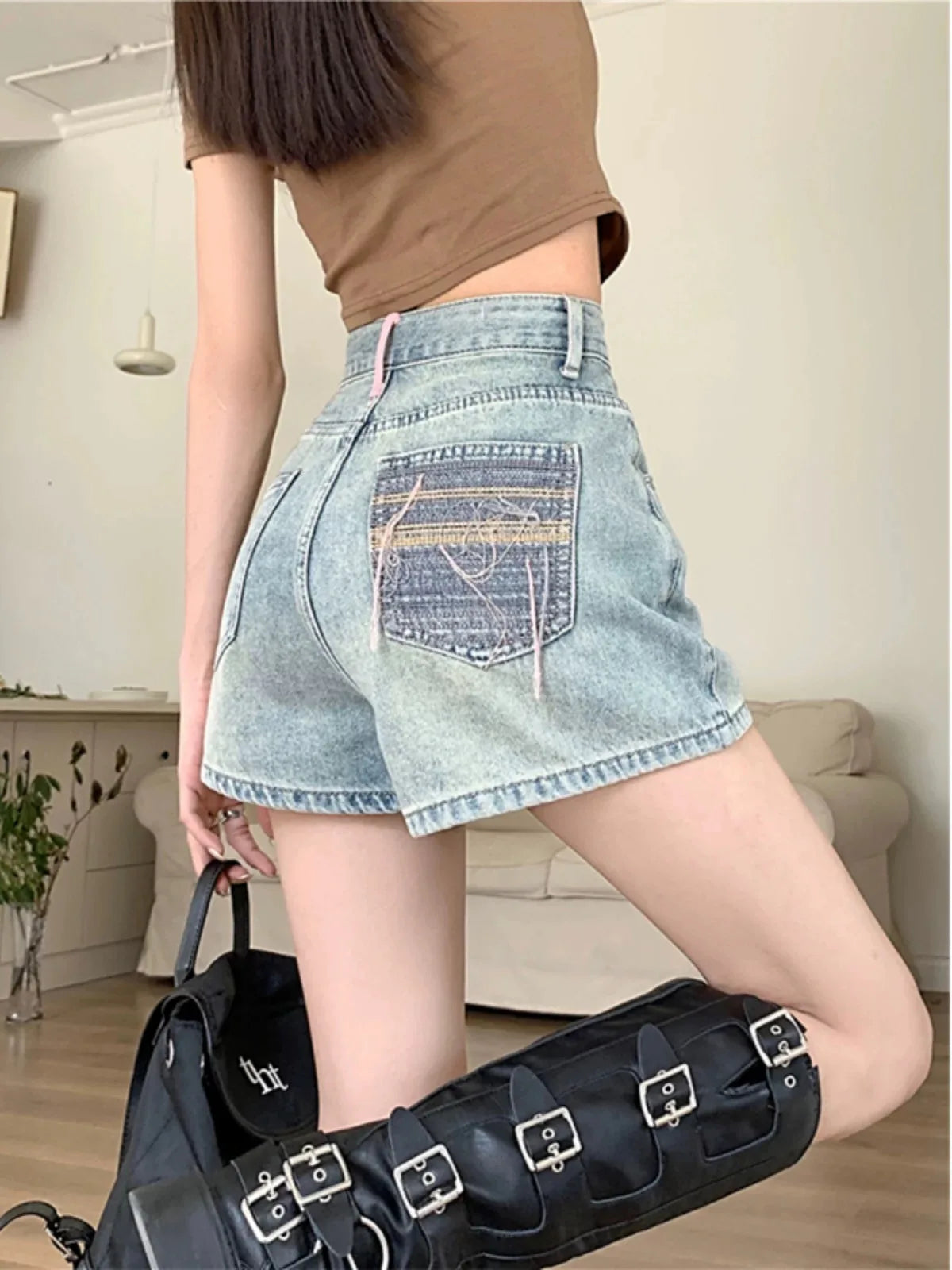 Women's Polyester High Waist Button Fly Casual Plain Denim Shorts