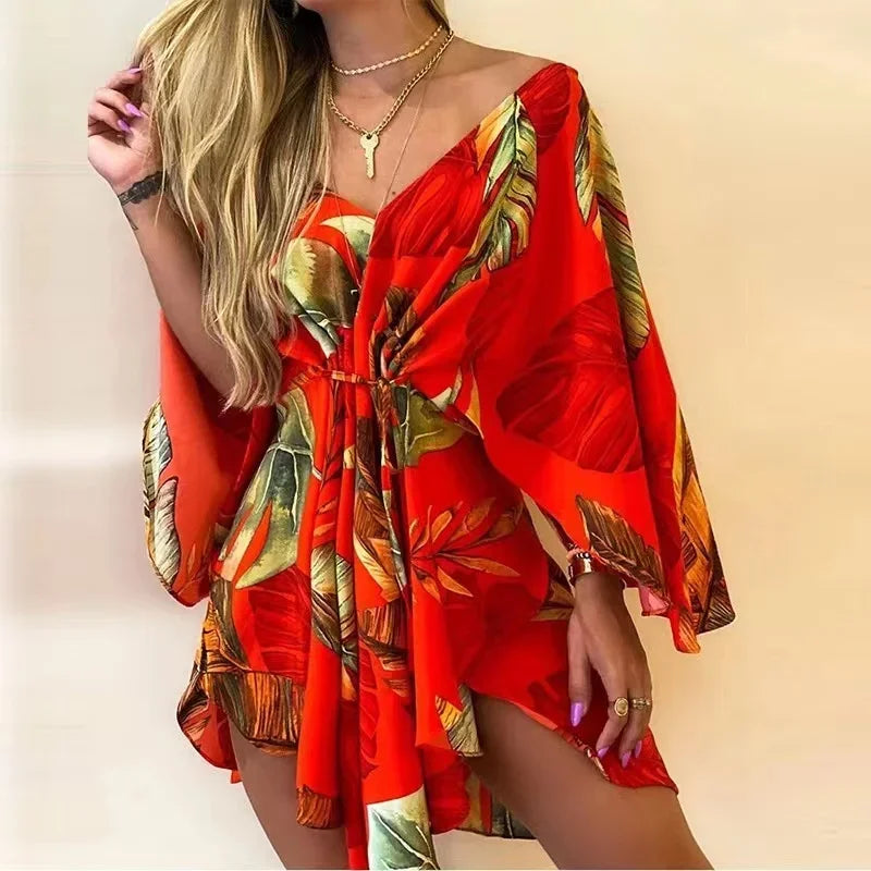 Women's Polyester V-Neck Long Sleeves Mini Casual Wear Dress