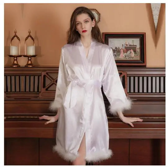 Women's Silk V-Neck Long Sleeves Nightgowns Sleepwear Dress