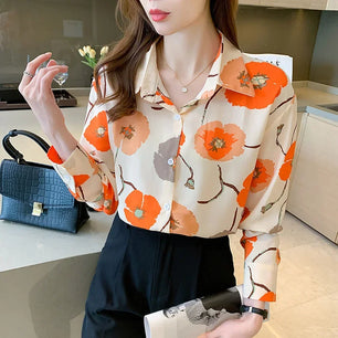 Women's Polyester Turn-Down Collar Long Sleeves Printed Blouse