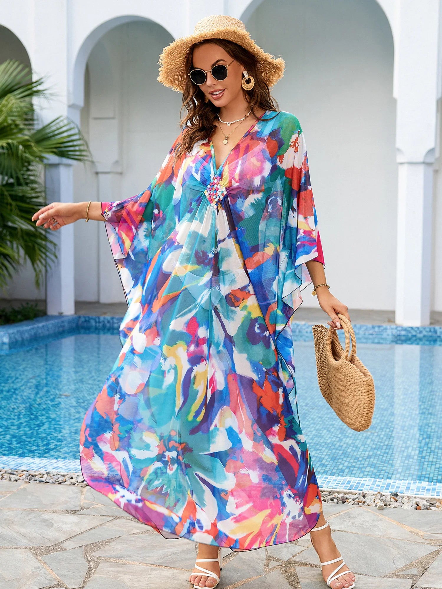 Women's Polyester V-Neck Bathing Printed Pattern Swimwear Dress