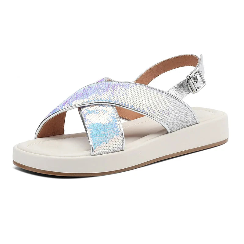 Women's Sequined Peep Toe Buckle Strap Closure Casual Sandals