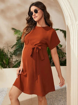 Women's Polyester O-Neck Short Sleeves Solid Maternity Dress