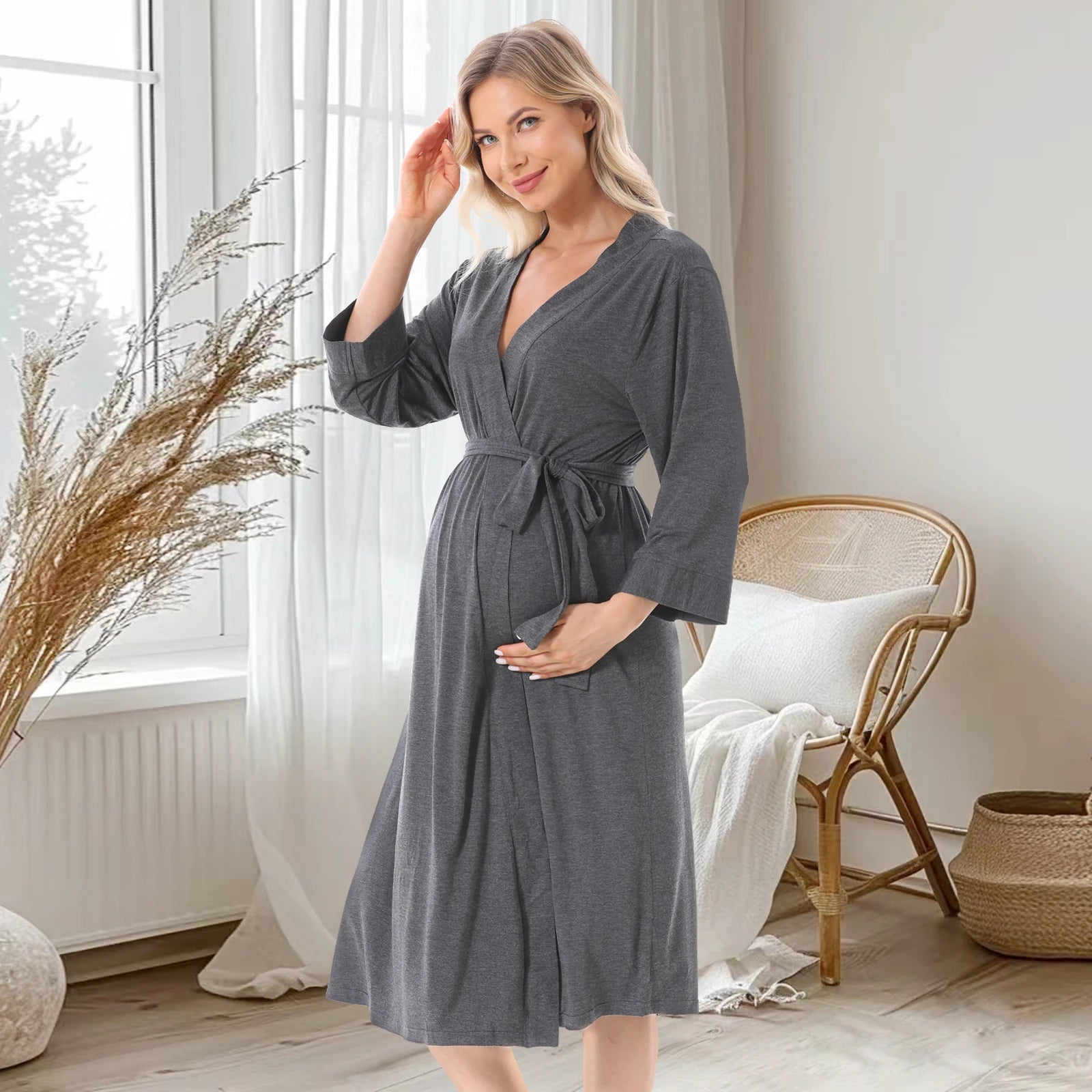 Women's Spandex V-Neck Long Sleeve Solid Pattern Maternity Dress