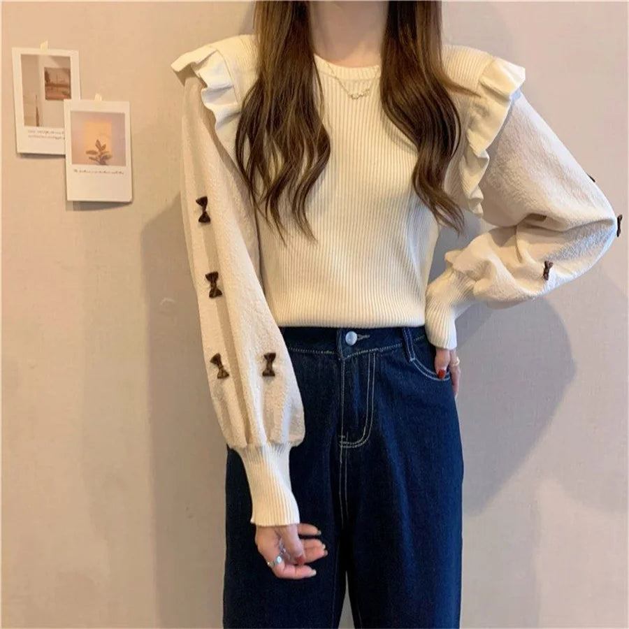 Women's Polyester O-Neck Long Sleeves Solid Pattern Sweater