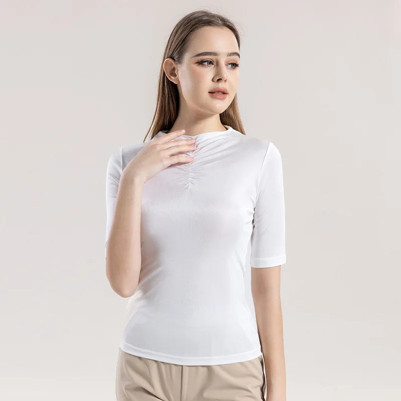 Women's Silk O-Neck Short Sleeve Solid Pattern Elegant Tops