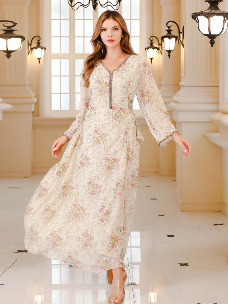 Women's Arabian Polyester Full Sleeves Floral Pattern Dress