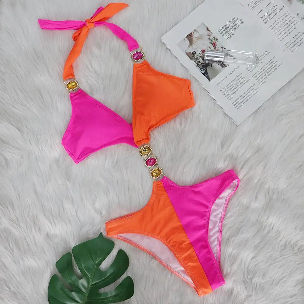 Women's Polyester V-Neck Mid Waist Mixed Color Bathing Bikini Set