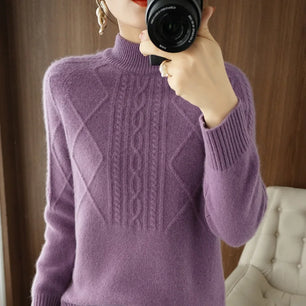 Women's Acrylic Mock-Neck Full Sleeves Knitted Pattern Sweater