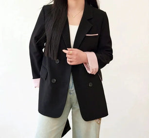 Women's Cotton Notched Long Sleeves Solid Pattern Casual Blazers