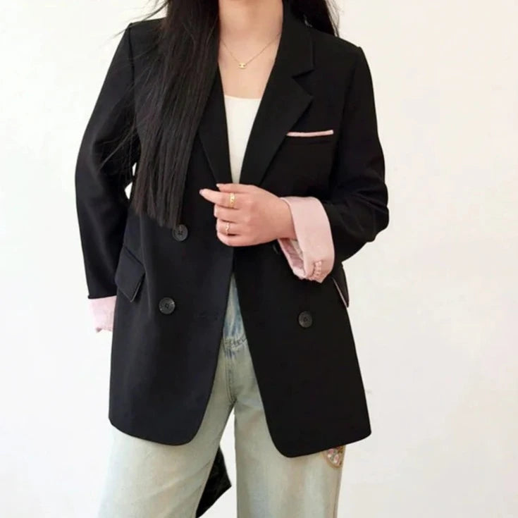 Women's Cotton Notched Long Sleeves Double Breasted Trendy Blazer