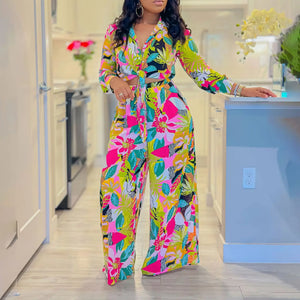 Women's Polyester Turn-Down Collar Long Sleeves Printed Jumpsuit