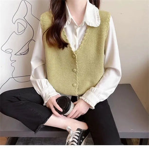 Women's Acrylic V-Neck Sleeveless Single Breasted Casual Sweaters