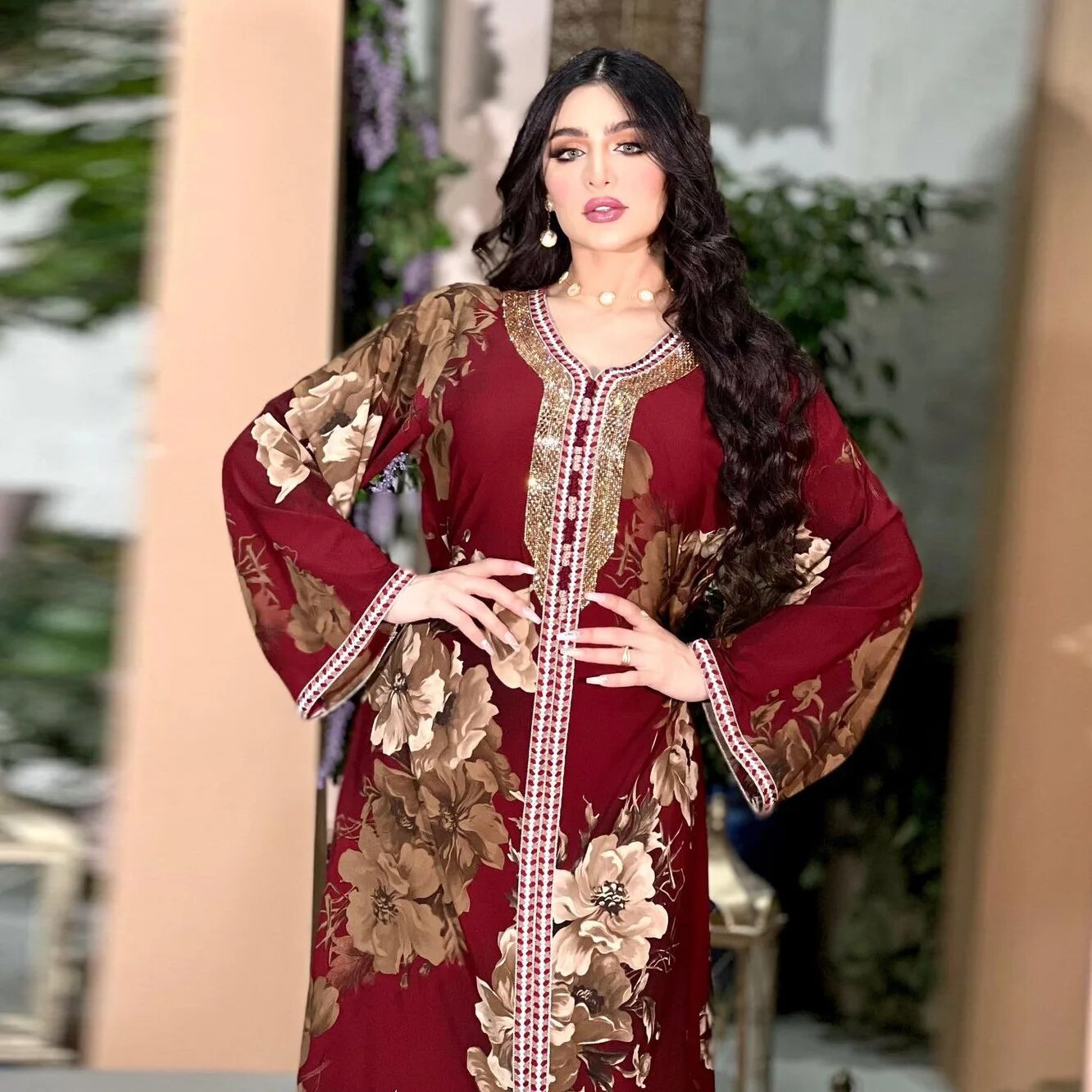 Women's Arabian Polyester Full Sleeves Floral Pattern Long Dress