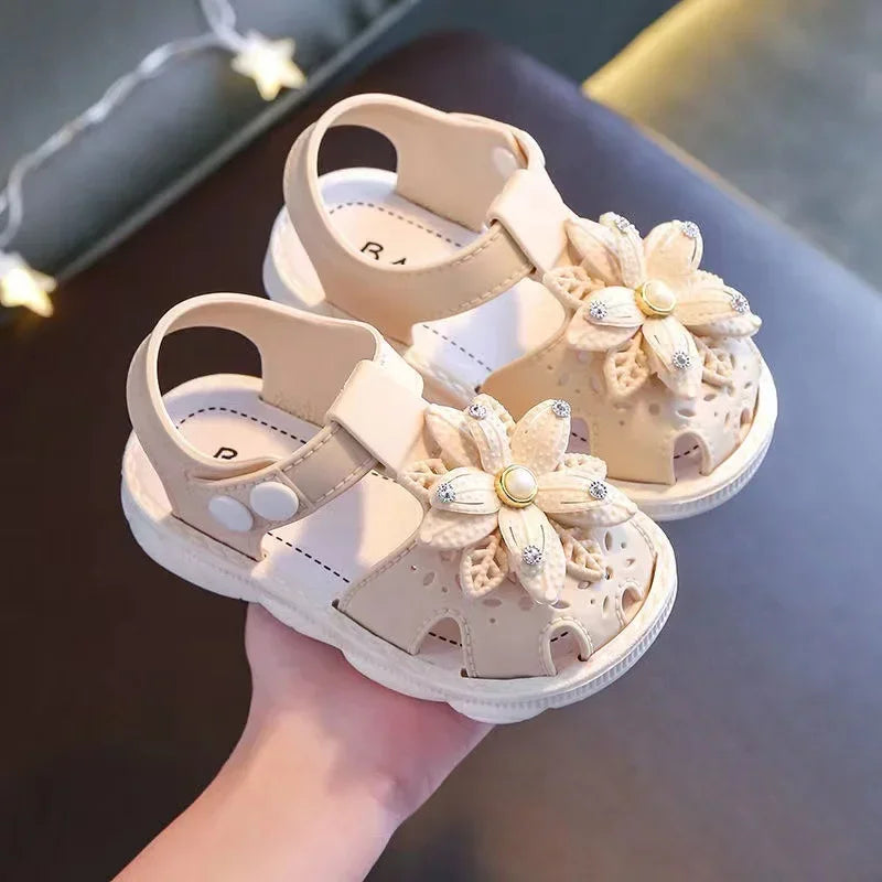 Kid's PVC Round Toe Hook & Loop Closure Flower Pattern Shoes