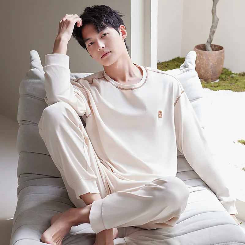 Men's Cotton O-Neck Long Sleeve Solid Pattern Sleepwear Set