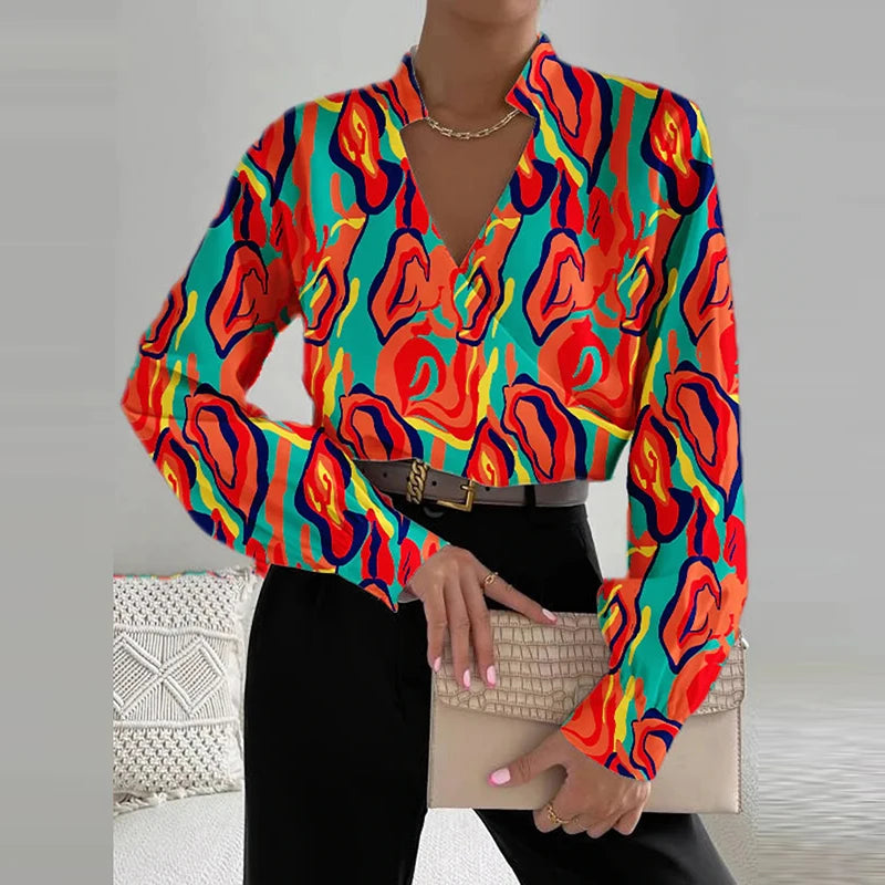 Women's Polyester V-Neck Long Sleeves Printed Pattern Blouse