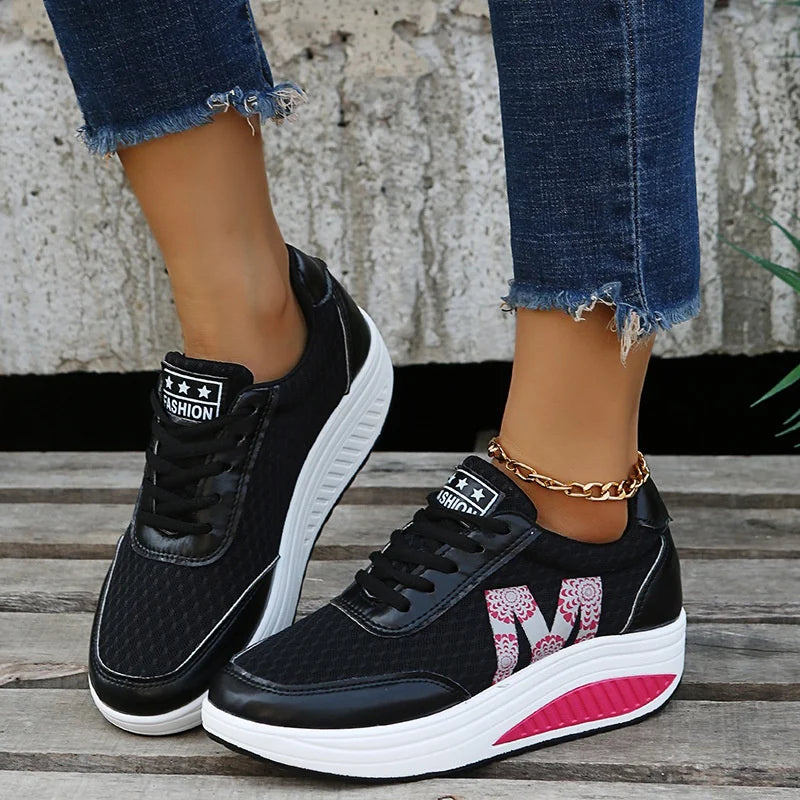 Women's Cotton Round Toe Lace-Up Closure Sports Wear Sneakers