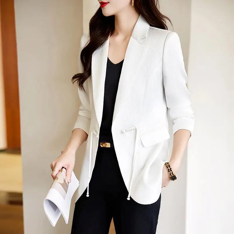 Women's Cotton Notched Long Sleeves Solid Pattern Casual Blazer