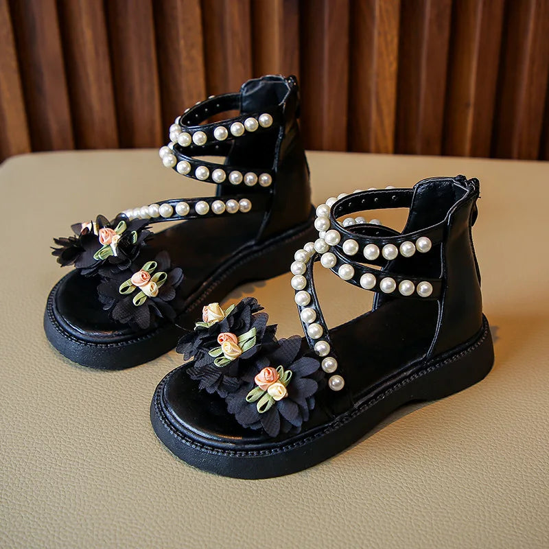 Kid's Synthetic Open Toe Beaded Pattern Hook Loop Closure Sandals