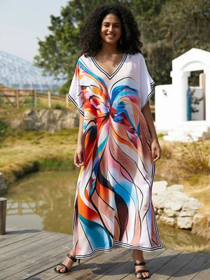 Women's Polyester V-Neck Short Sleeve Printed Pattern Maxi Dress