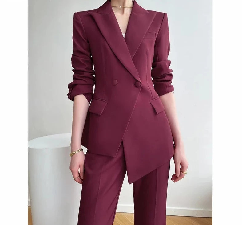 Women's Notched Collar Full Sleeves Double Breasted Blazer Set