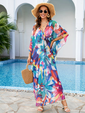 Women's Polyester V-Neck Bathing Printed Pattern Swimwear Dress