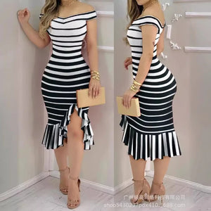 Women's Polyester Slash Neck Short Sleeve Striped Party Dress