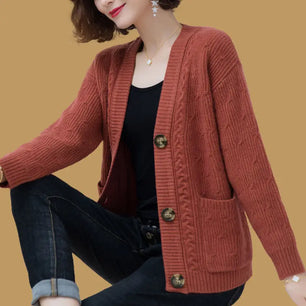 Women's Acrylic V-Neck Long Sleeve Knitted Casual Wear Cardigan