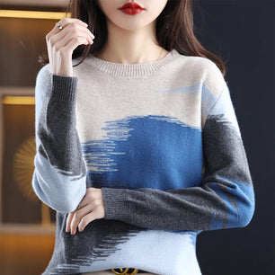 Women's Acetate O-Neck Full Sleeves Mixed Colors Pattern Sweater