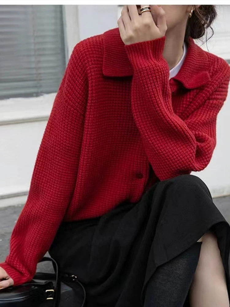 Women's Acrylic Turn-Down Collar Long Sleeves Casual Sweaters