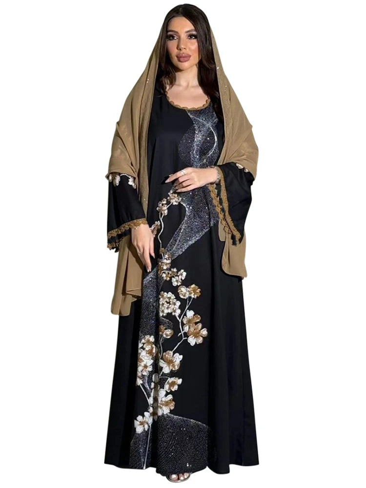 Women's Arabian Polyester Full Sleeves Floral Pattern Dress