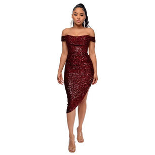 Women's Polyester Square-Neck Sequined Pattern Party Wear Dress