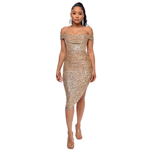 Women's Polyester Square-Neck Sequined Pattern Party Wear Dress