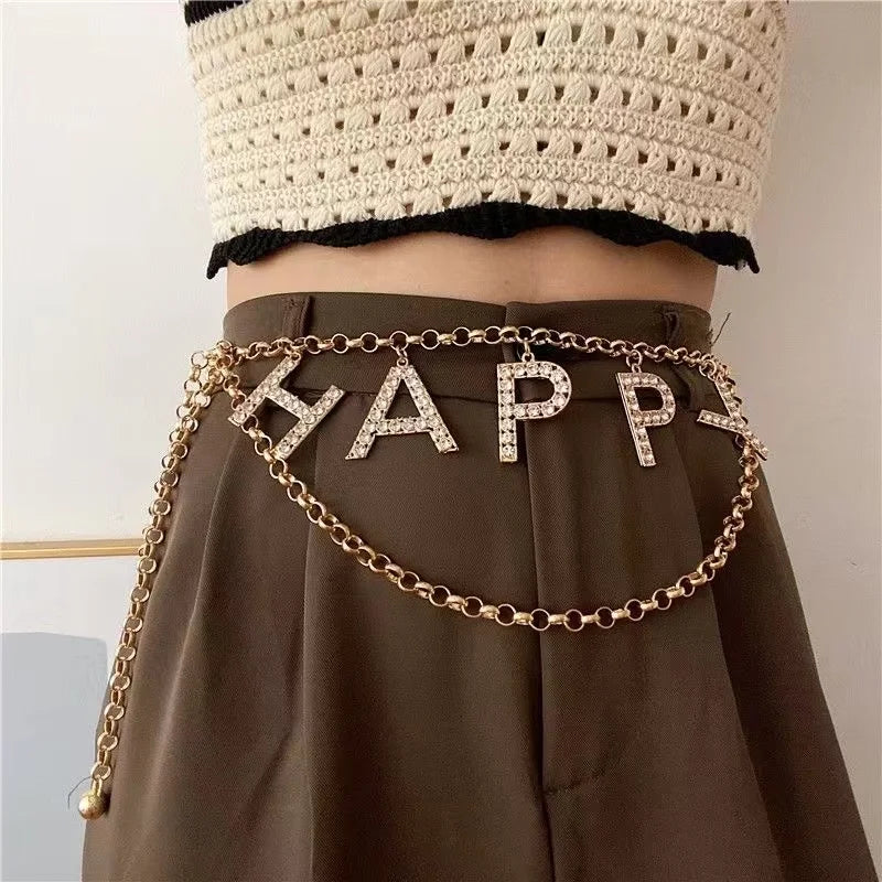 Women's Metal High Waist Buckle Closure Letter Pattern Chain Belt