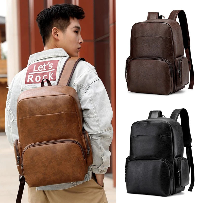 Men's PU Leather Zipper Closure Waterproof Laptop Backpack